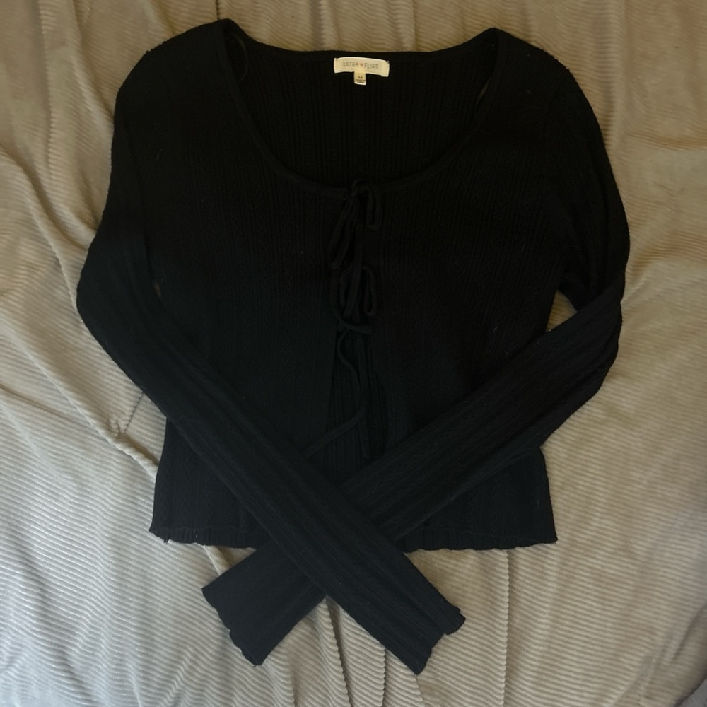 Ultra Flirt Black Tie-Front Long Sleeve Top